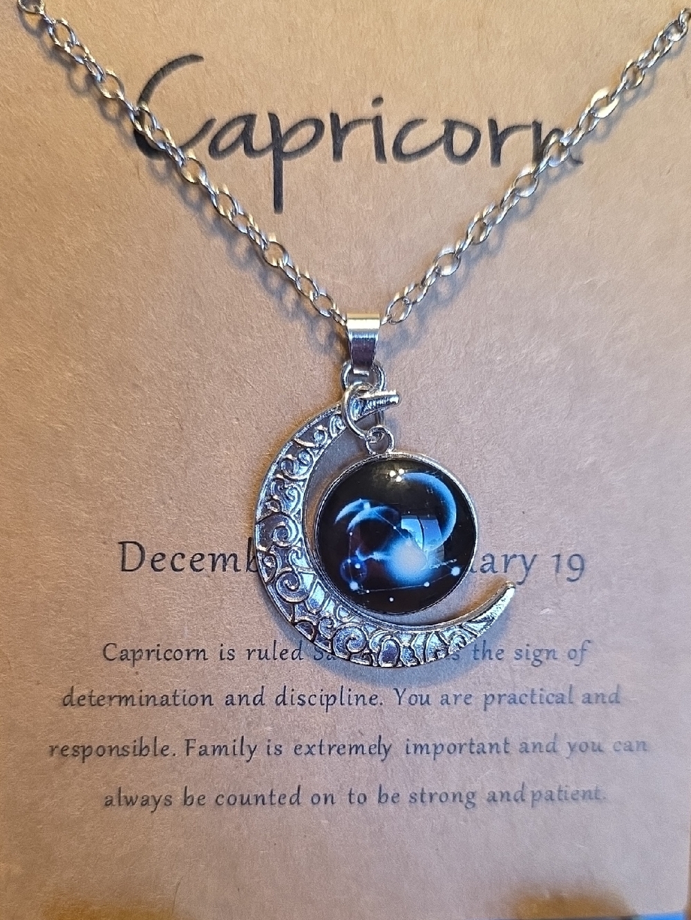 Capricorn Crescent Moon Necklace with Black Zodiac Cabochon - Picture 10 of 11